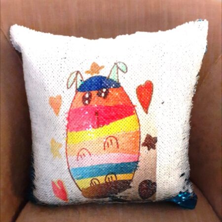 Kids art on products: sequins cushion