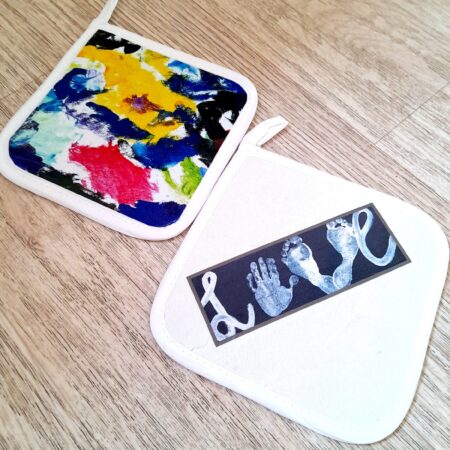 Kids art on oven pot holders